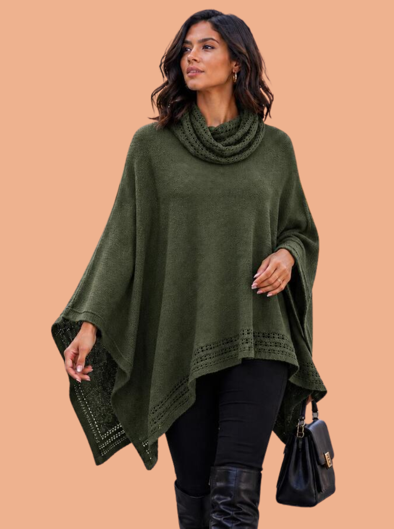 Poncho Feminino Tricot Mousse Liso Gola Alta Casaco Lã Inverno