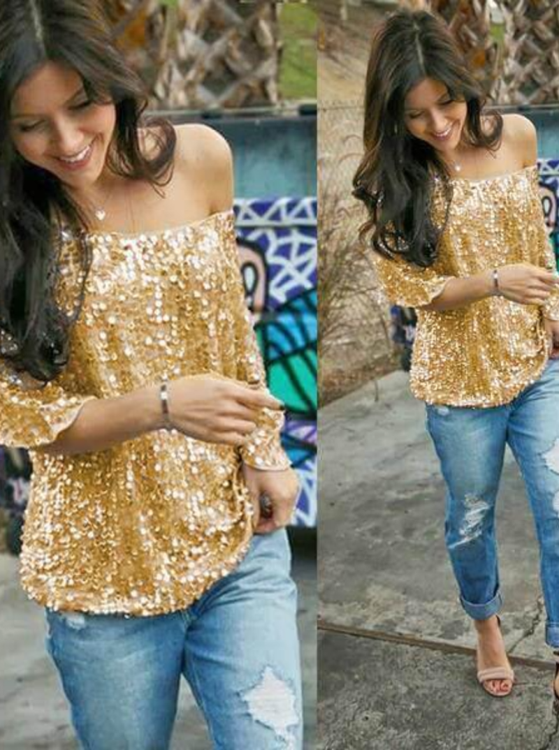 Blusa Feminina Manga Curta Paetê